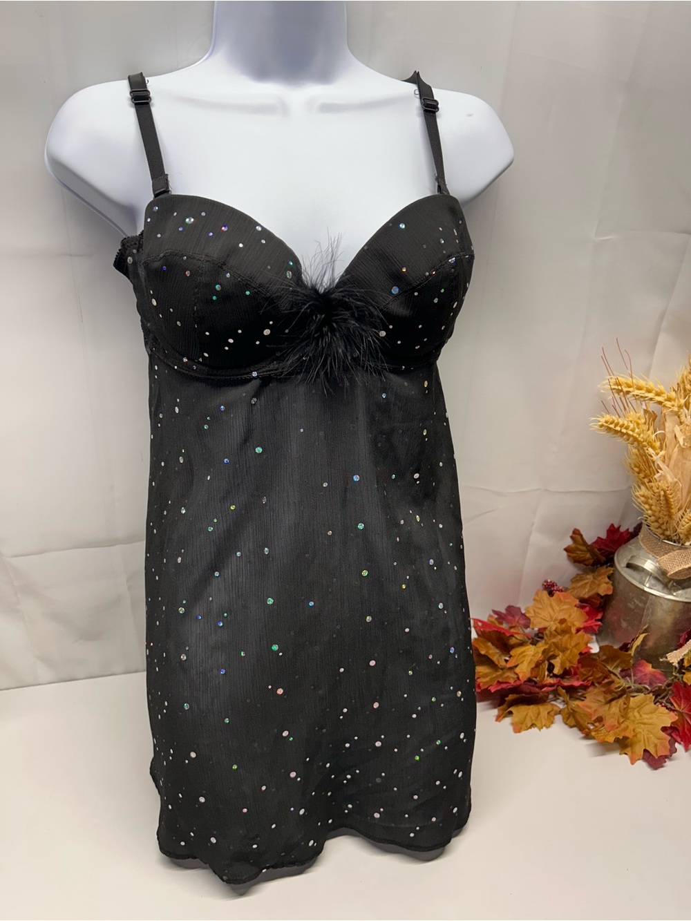 Black Sequin Feather-Trim Chemise